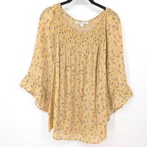 Zac & Rachel Blouse Womens Plus 2X Yellow Floral Smocked Bell Sleeve Cottagecore